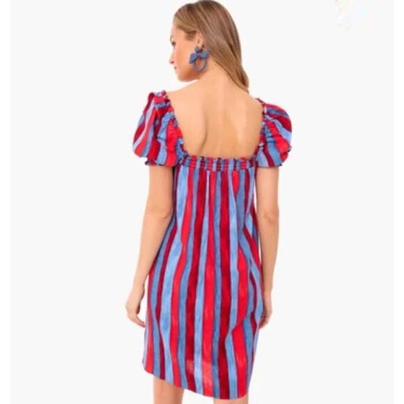 Tuckernuck Pomander Place Mini Dress Linen Blend Puff Sleeve Painterly Striped - Picture 3 of 14